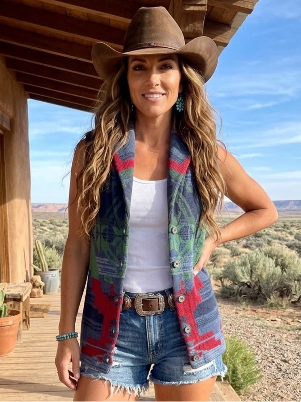 Vintage Chaps Southwestern Cotton Blend Shawl Collar Button Front Vest Size M